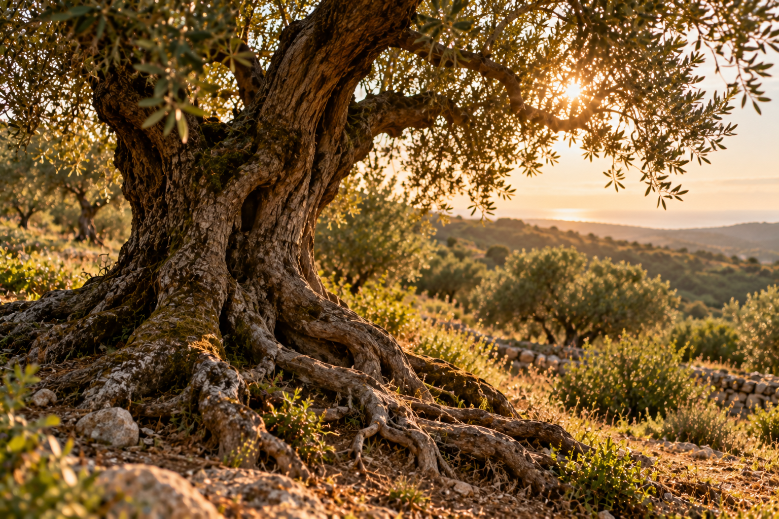 Olive tree roots, representing continuity and lineage
